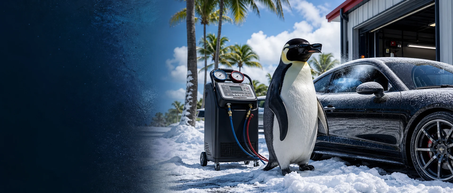 Penguin in sunglasses beside professional automotive AC equipment, a black car, snowy ground and Fort Myers palm trees