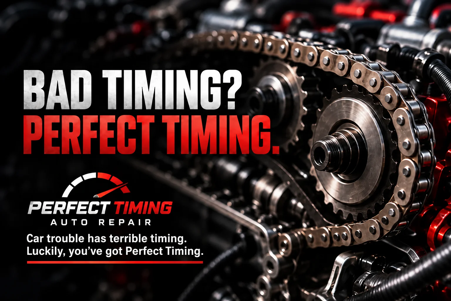 Perfect Timing engine repair ad showing a timing chain. Bad timing? Perfect Timing. Car trouble has terrible timing. Luckily, you’ve got Perfect Timing.