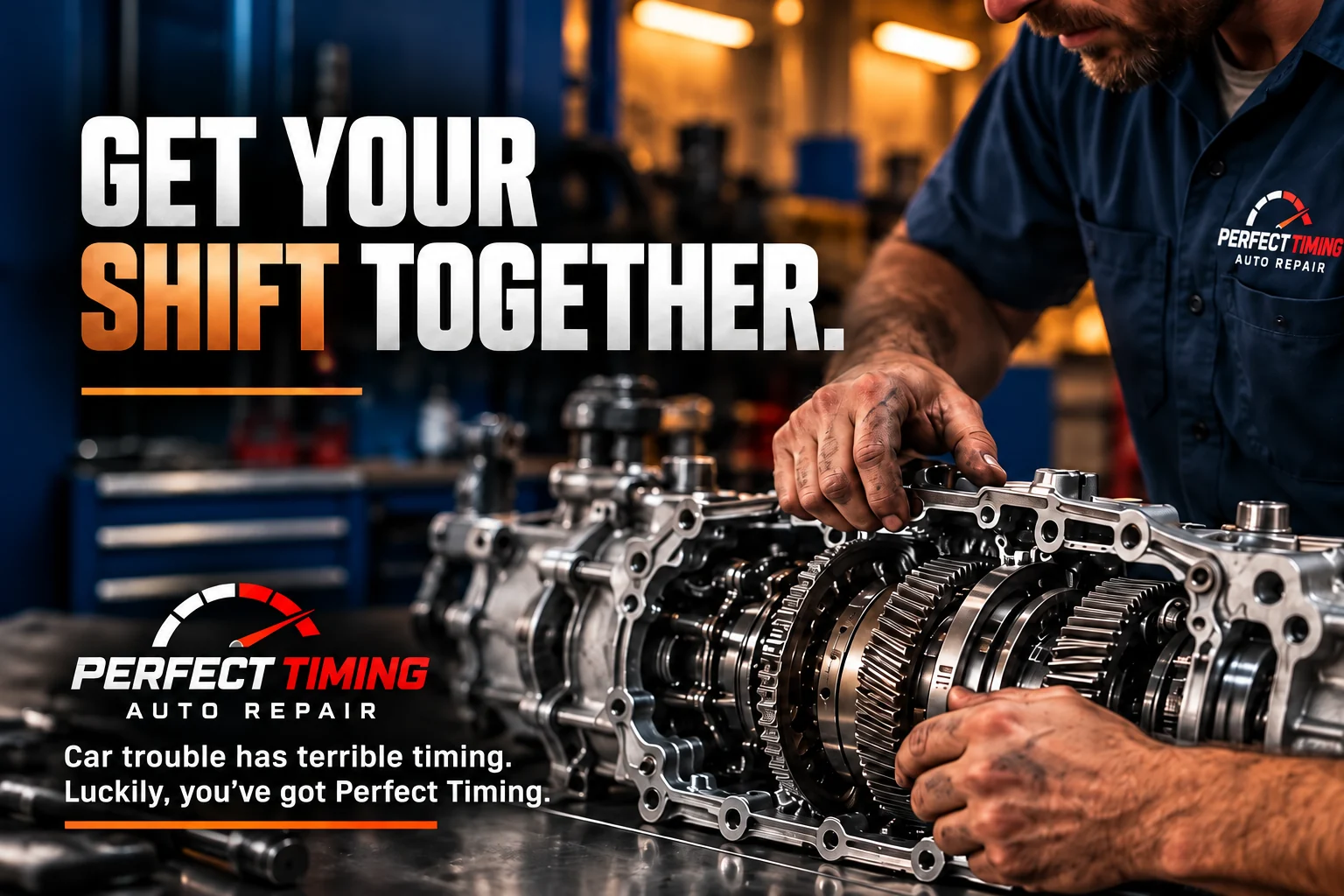 Perfect Timing transmission repair ad showing a mechanic at a transmission workbench. Get your shift together. Car trouble has terrible timing. Luckily, you’ve got Perfect Timing.