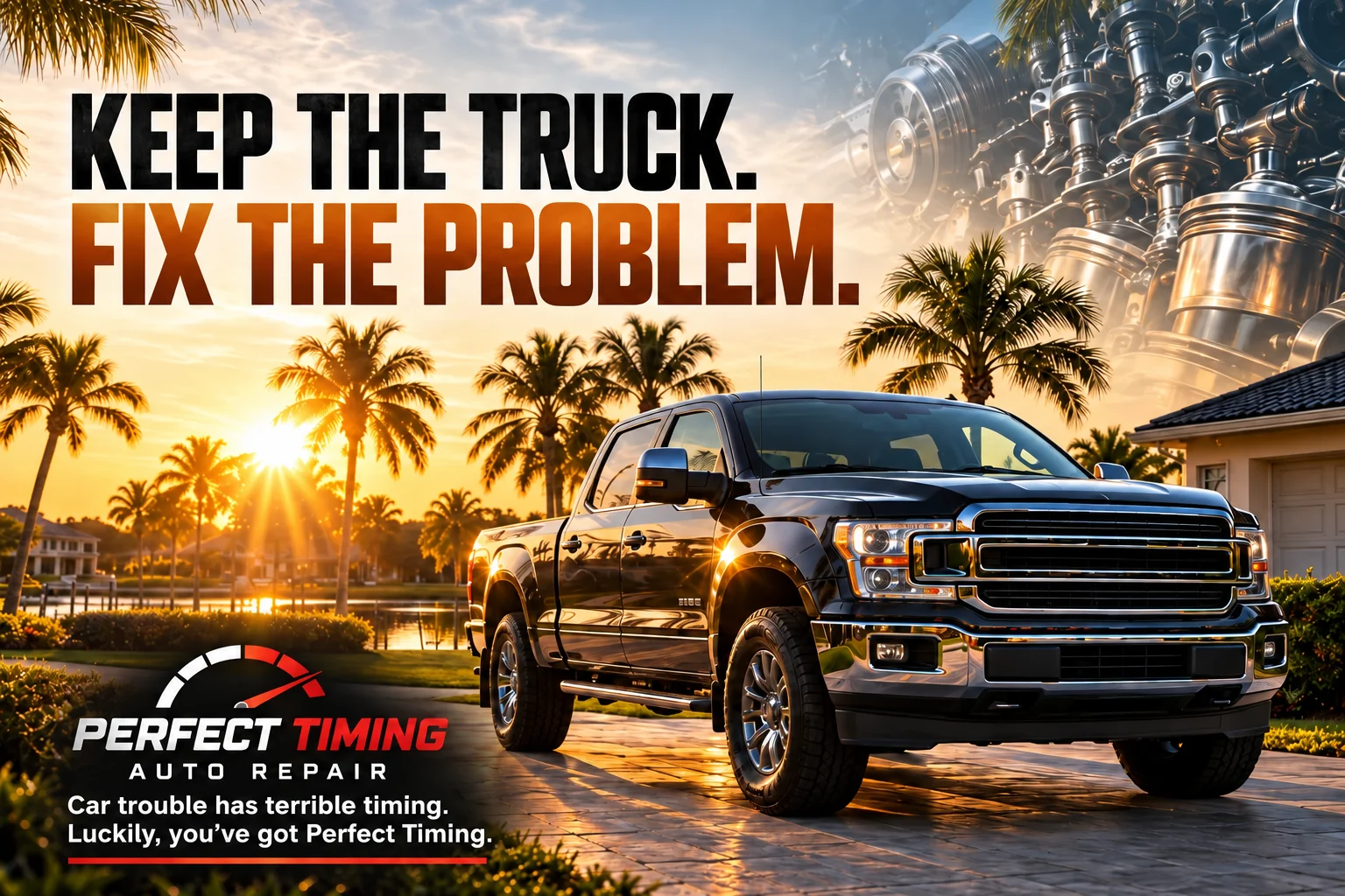 Perfect Timing Auto Repair ad with a pickup in a Florida driveway. Keep the truck. Fix the problem. Car trouble has terrible timing. Luckily, you’ve got Perfect Timing.