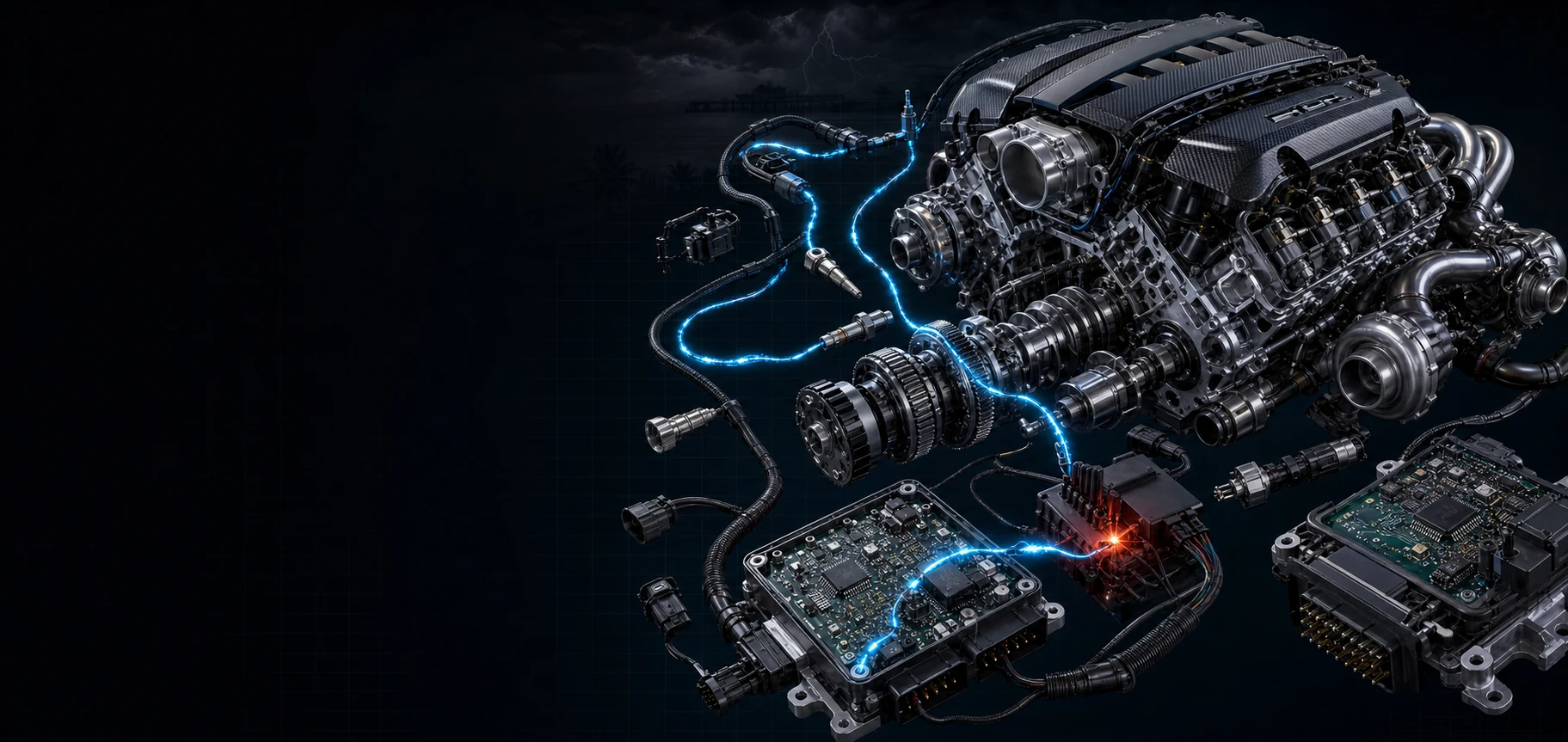 Exploded high-performance engine and vehicle control modules connected by an electric-blue diagnostic signal