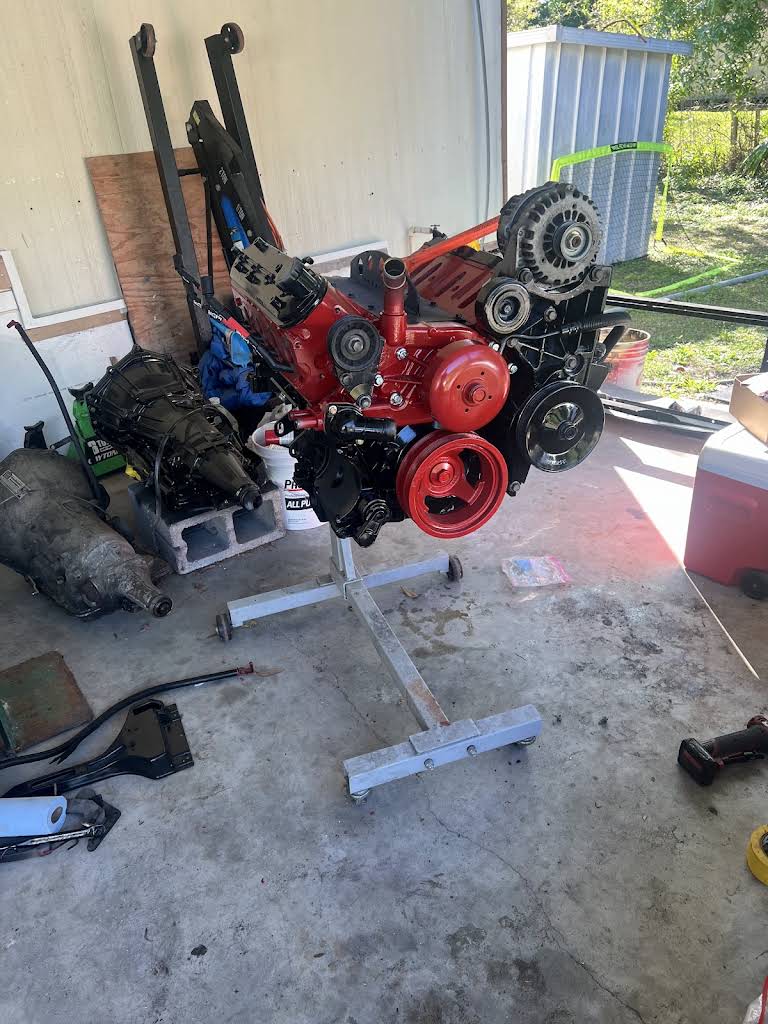 Engine on a stand with front accessories installed