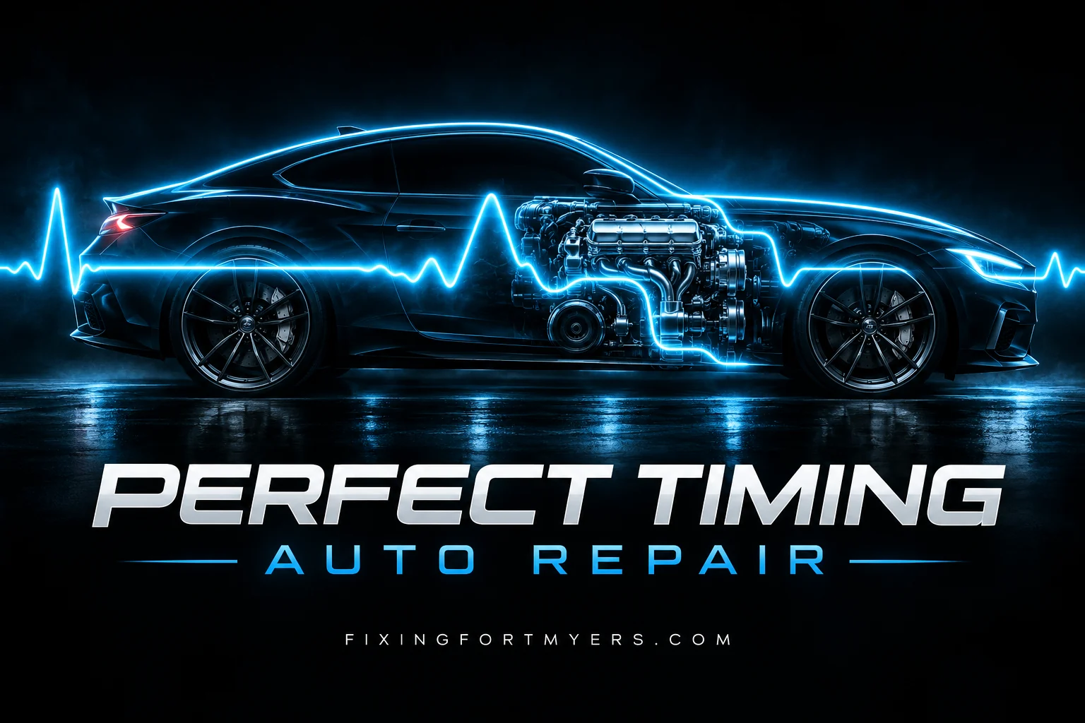 Diagnostics — Perfect Timing Auto Repair artwork with a blue signal line across a car and engine