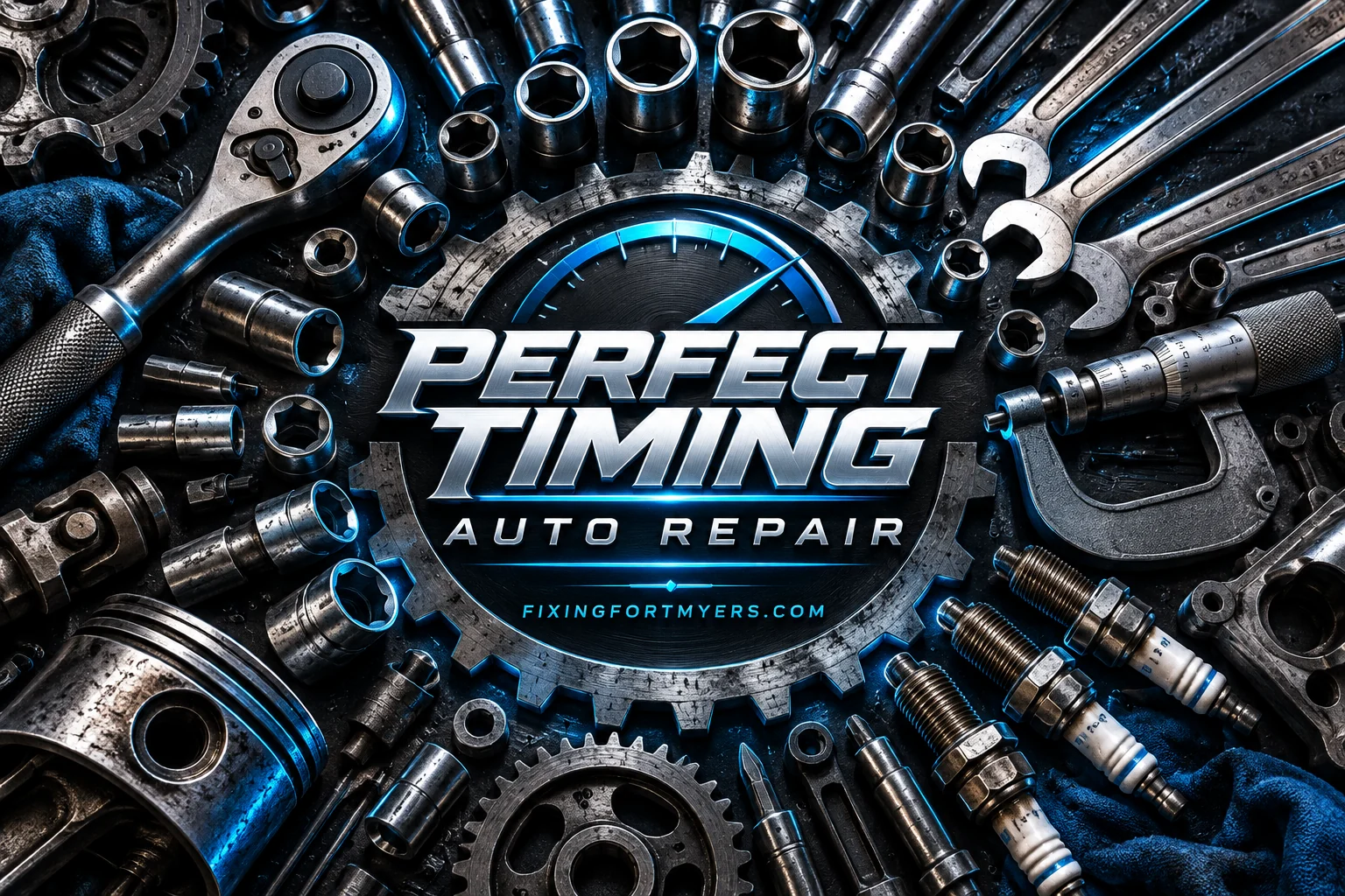 Perfect Timing Auto Repair surrounded by sockets, ratchets, wrenches and engine parts