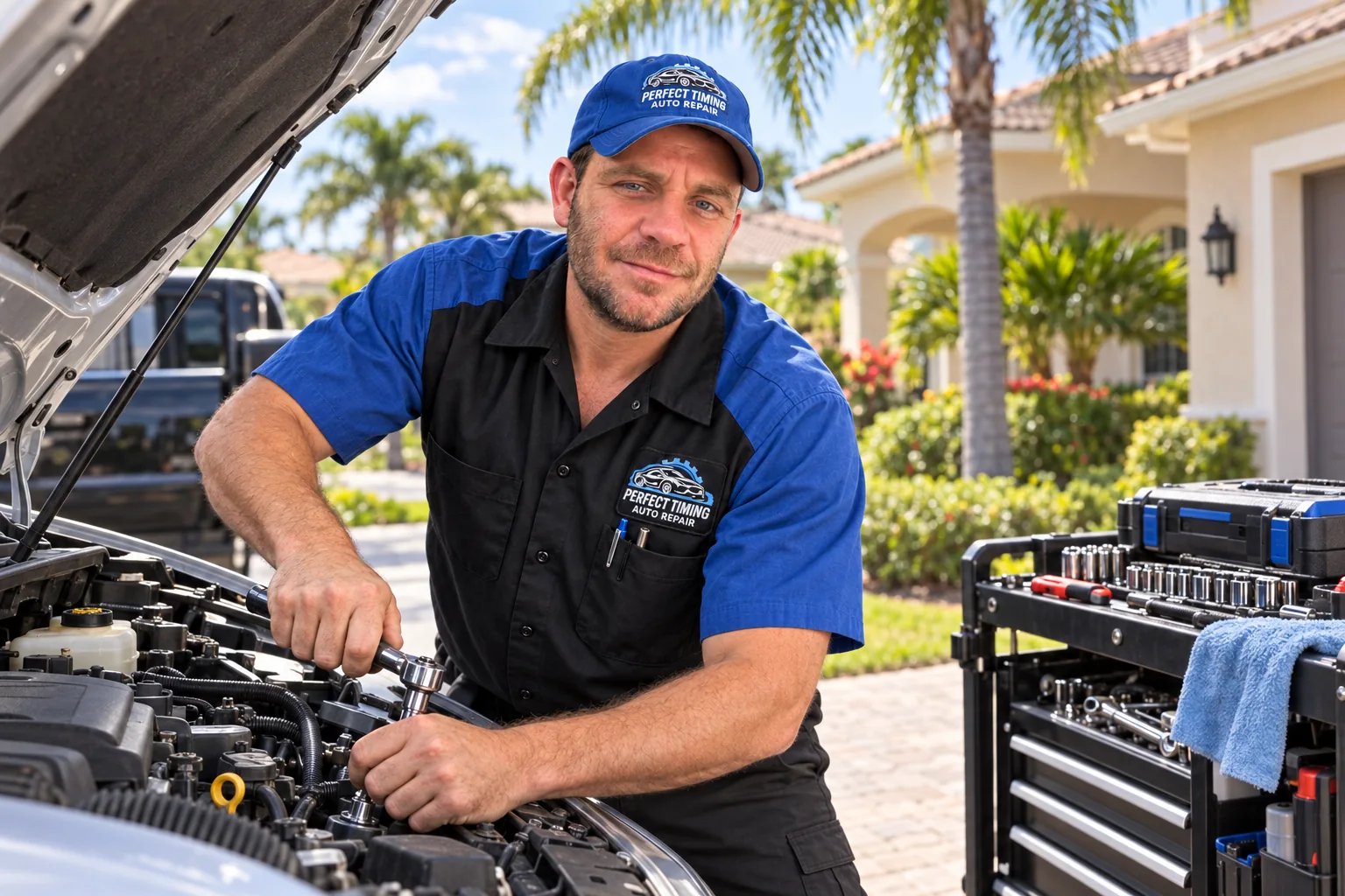 Tony performing mobile engine repairs beside a portable tool cart